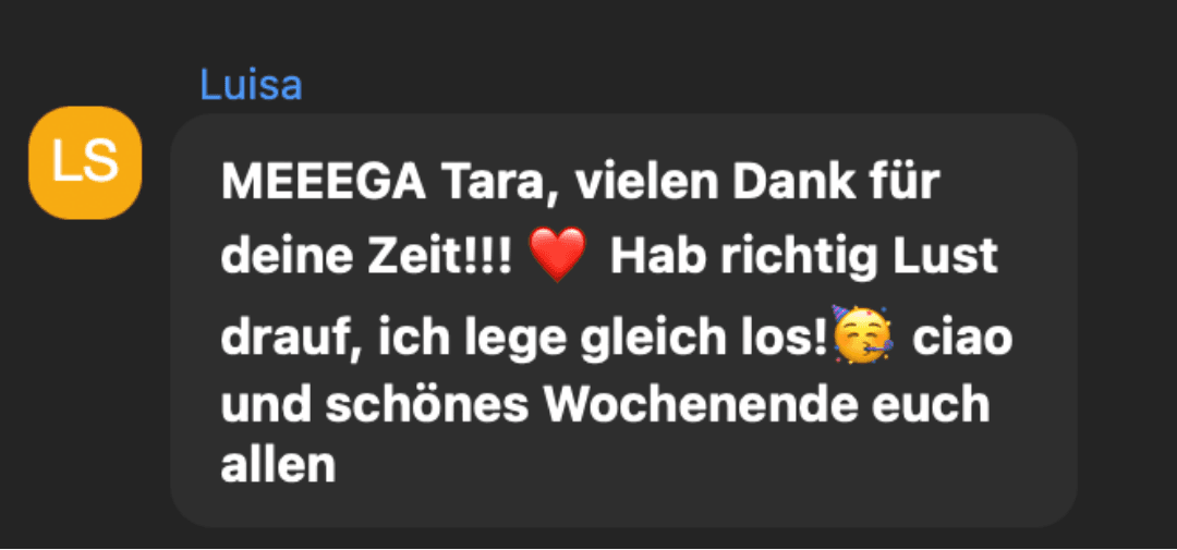 Chat-Nachricht von Luisa: MEEEGA Tara, vielen Dank für deine Zeit! Hab richtig Lust drauf, ich lege gleich los!
